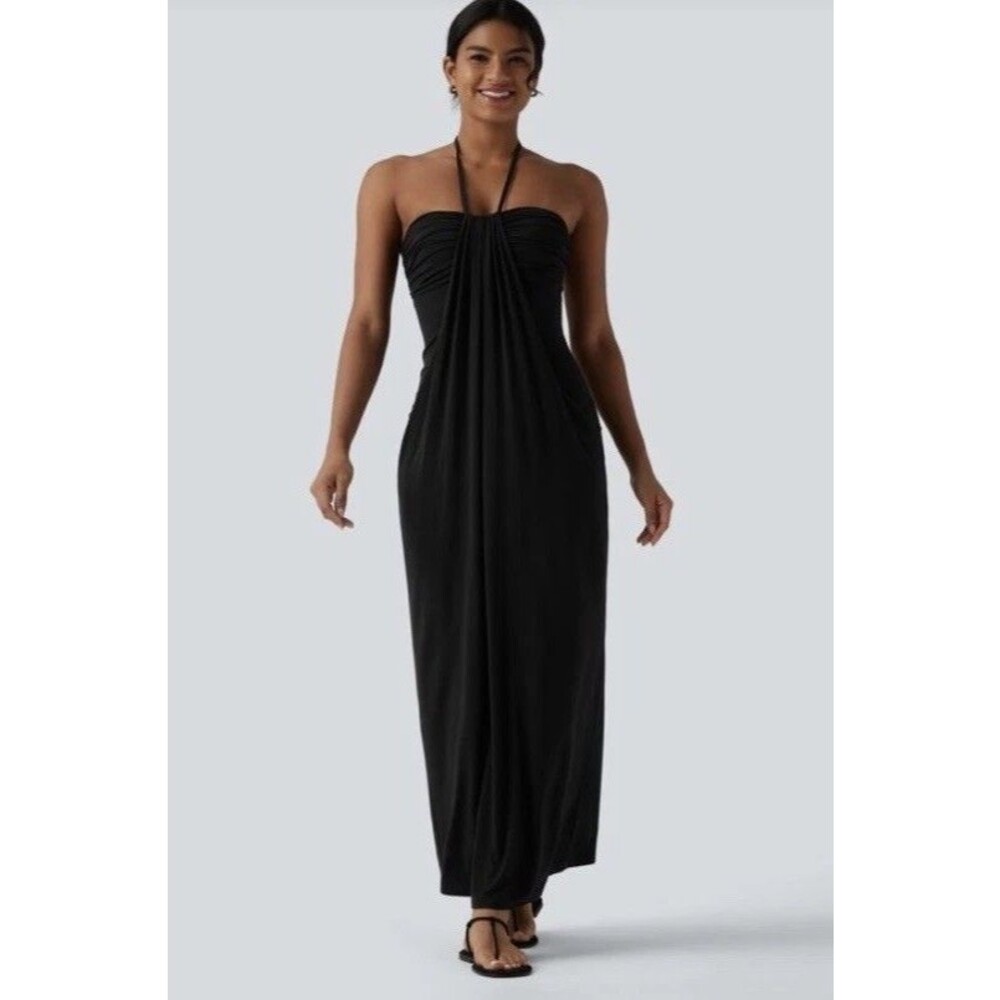 Halara Halter Tie Back Maxi Dress with Pockets Size Small Black Womens Comfort